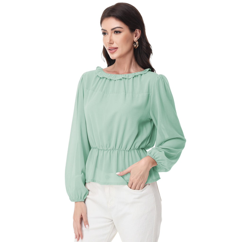 Anna-Kaci Women's Long Sleeve Blouse with Ruffle Neckline and Cinched Waist Detail