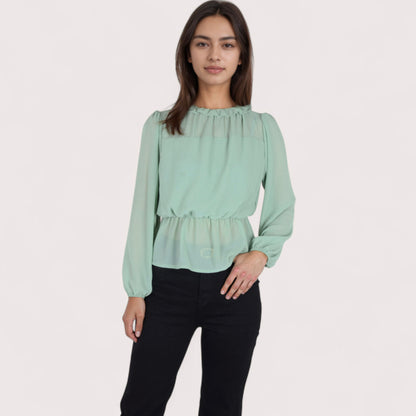 Anna-Kaci Women's Sheer Yoke Long Sleeve Blouse with Ruffle Neckline and Cinched Waist Detail - Small, Green