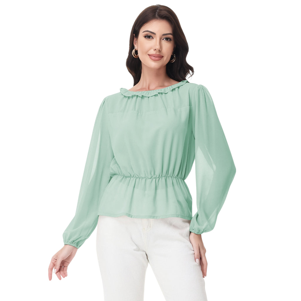 Anna-Kaci Women's Long Sleeve Blouse with Ruffle Neckline and Cinched Waist Detail