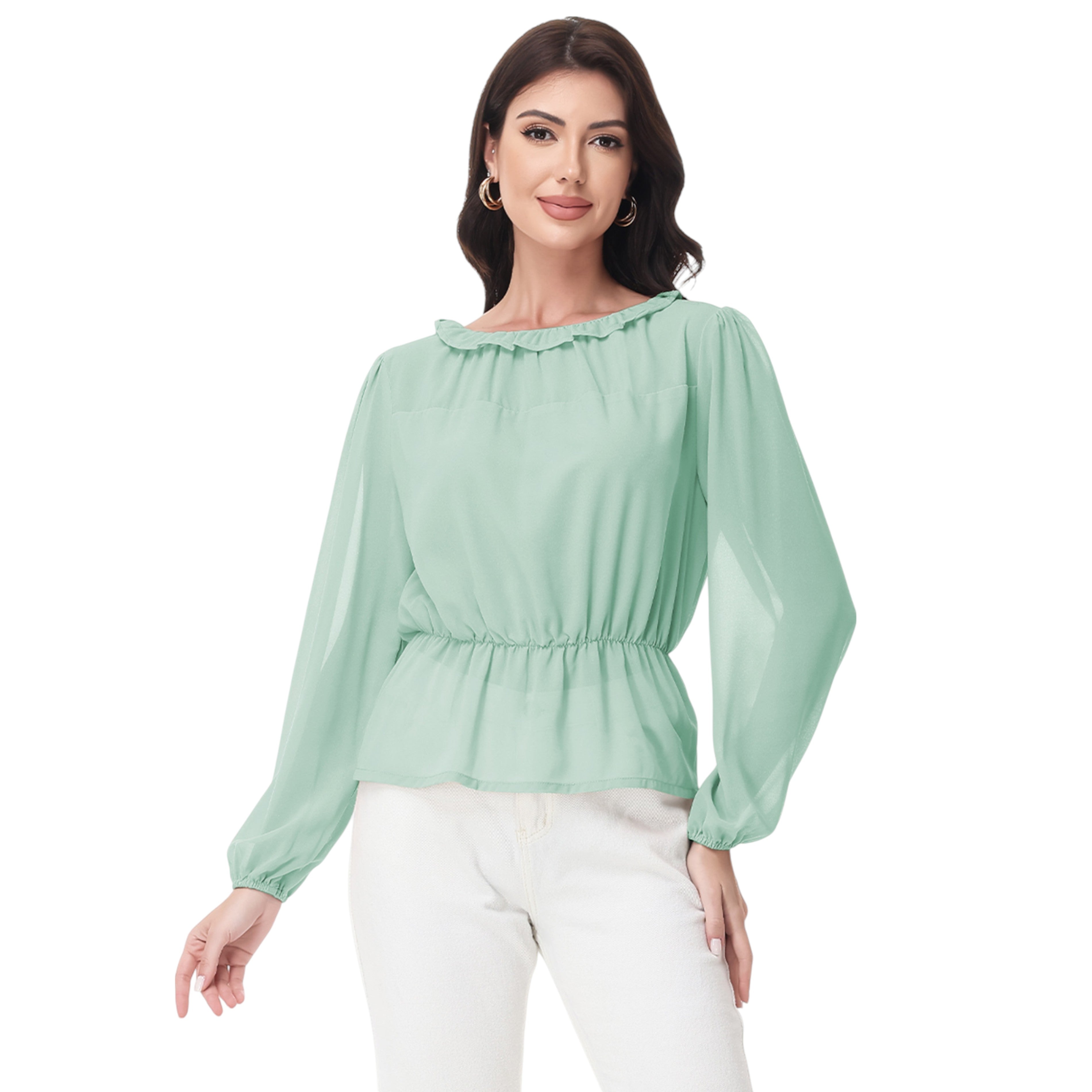 Anna-Kaci Women's Long Sleeve Blouse with Ruffle Neckline and Cinched Waist Detail
