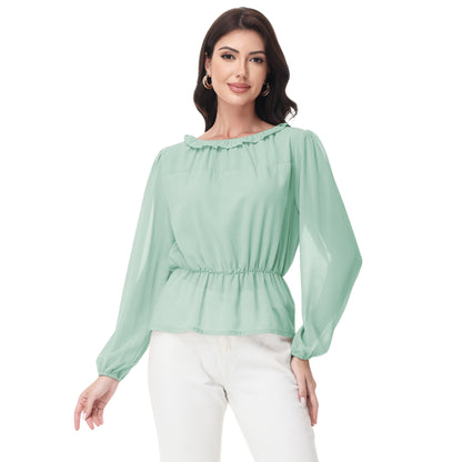 Anna-Kaci Women's Long Sleeve Blouse with Ruffle Neckline and Cinched Waist Detail