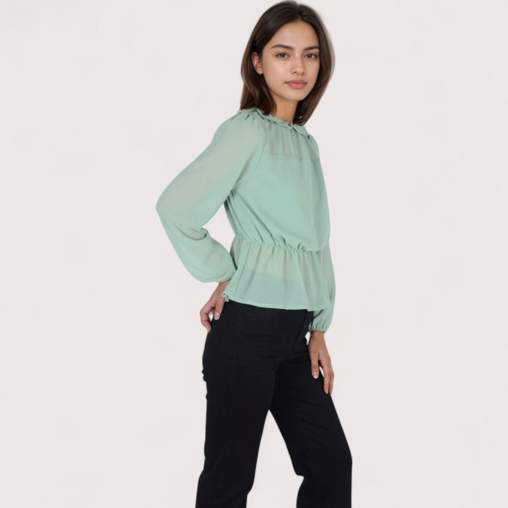 Anna-Kaci Women's Sheer Yoke Long Sleeve Blouse with Ruffle Neckline and Cinched Waist Detail - Small, Green