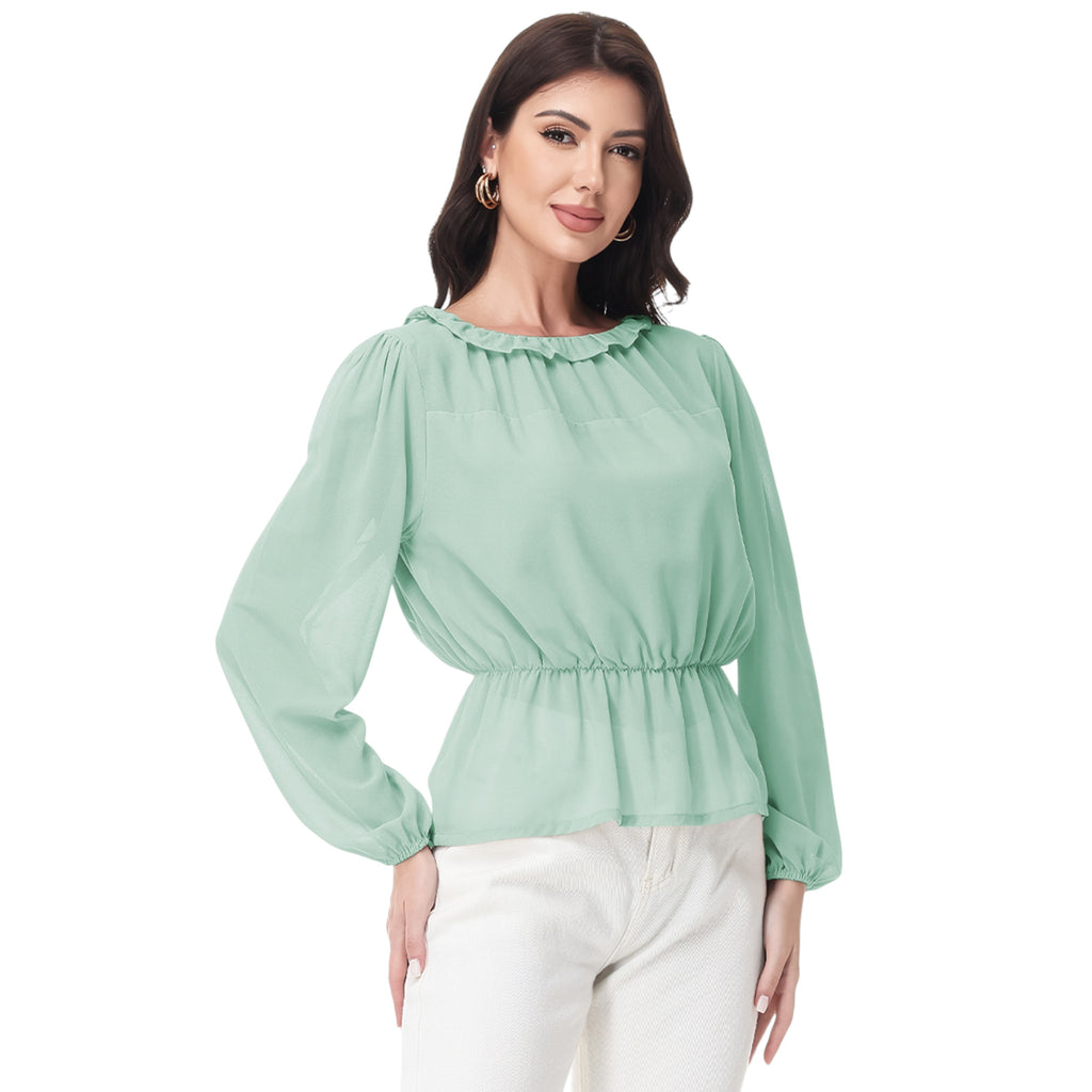 Anna-Kaci Women's Long Sleeve Blouse with Ruffle Neckline and Cinched Waist Detail