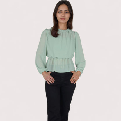 Anna-Kaci Women's Sheer Yoke Long Sleeve Blouse with Ruffle Neckline and Cinched Waist Detail - Small, Green