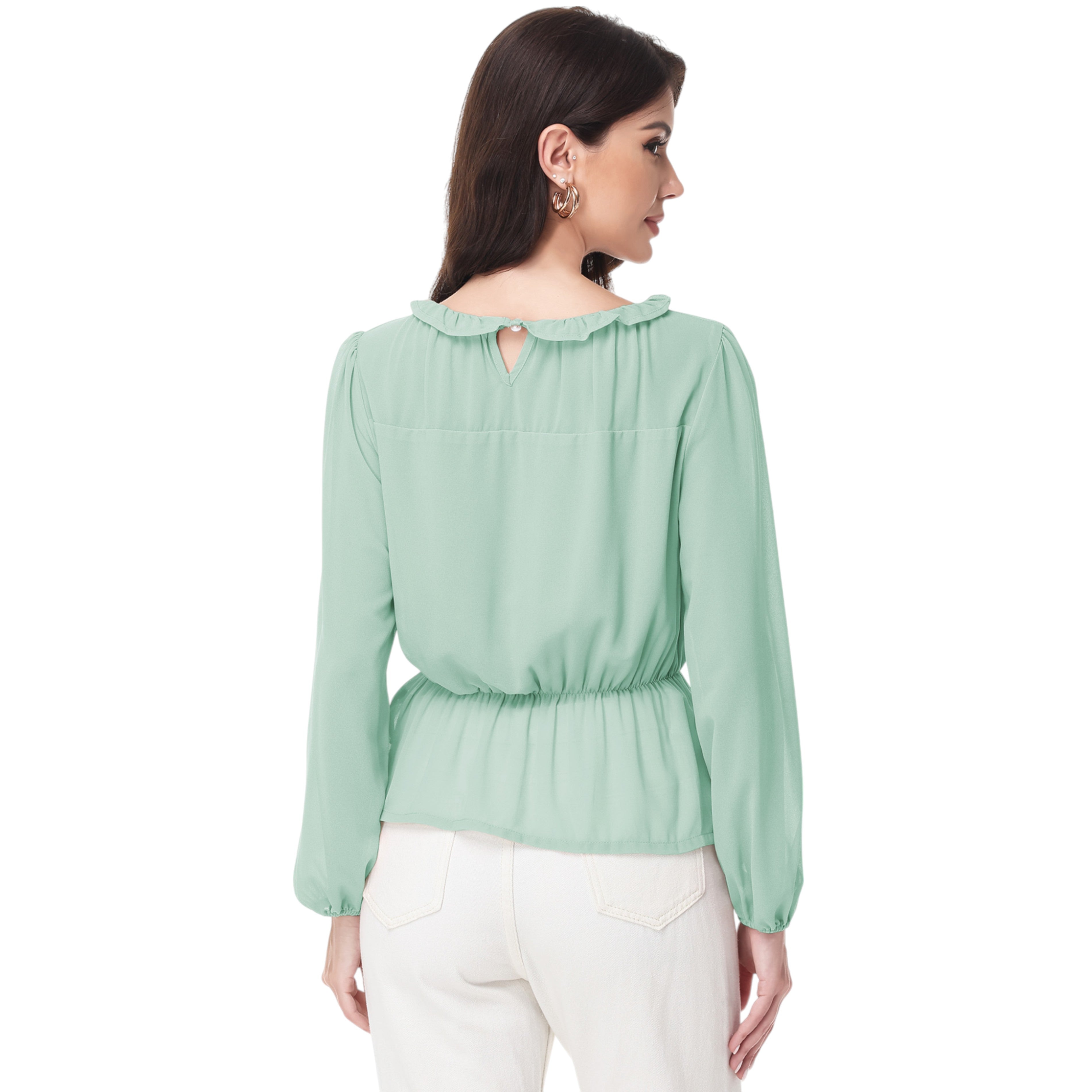 Anna-Kaci Women's Long Sleeve Blouse with Ruffle Neckline and Cinched Waist Detail
