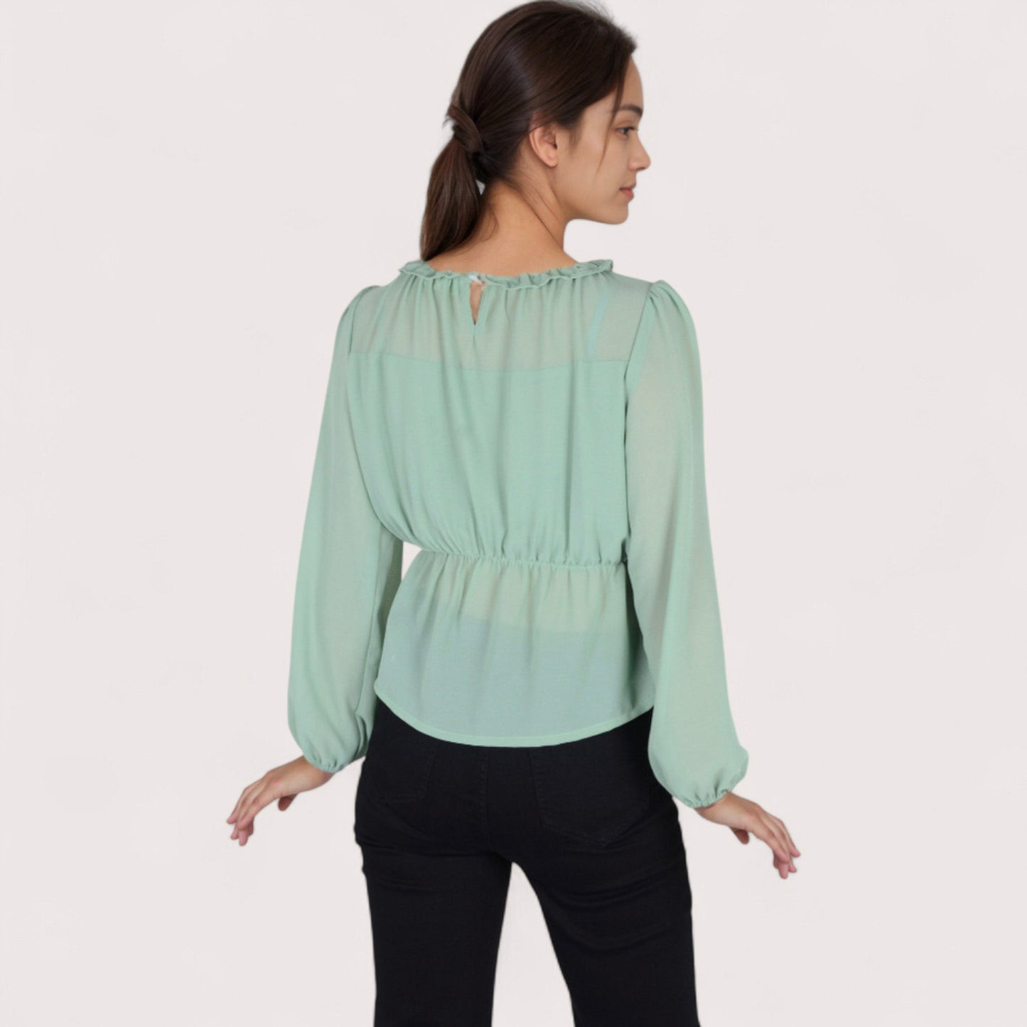 Anna-Kaci Women's Sheer Yoke Long Sleeve Blouse with Ruffle Neckline and Cinched Waist Detail - Small, Green