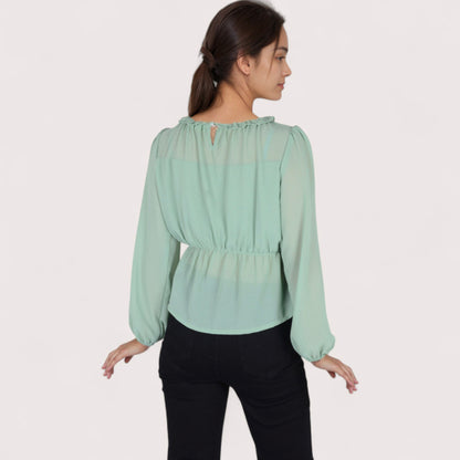 Anna-Kaci Women's Sheer Yoke Long Sleeve Blouse with Ruffle Neckline and Cinched Waist Detail - Small, Green