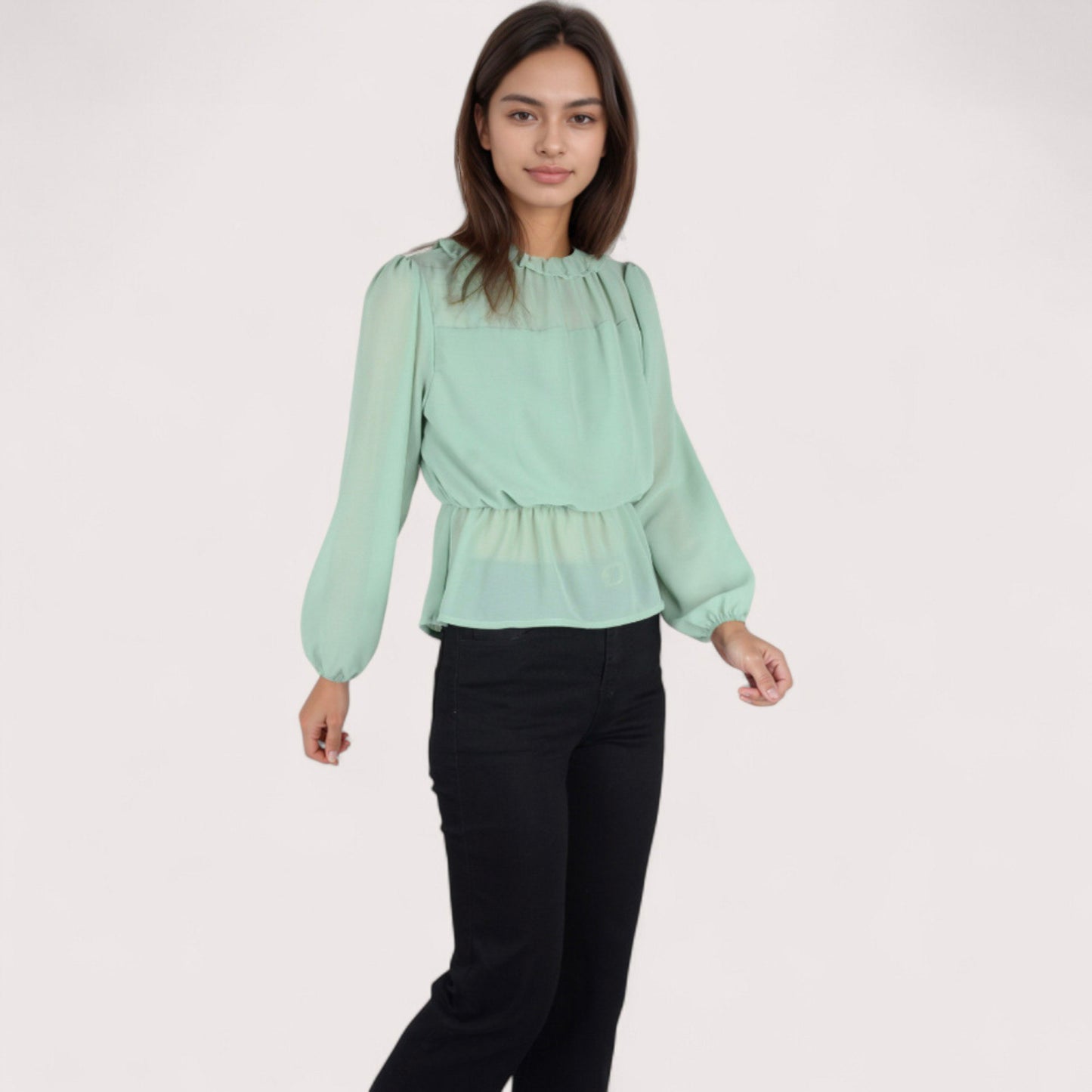 Anna-Kaci Women's Sheer Yoke Long Sleeve Blouse with Ruffle Neckline and Cinched Waist Detail - Small, Green