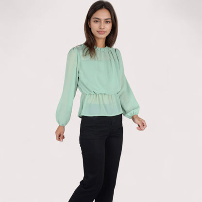 Anna-Kaci Women's Sheer Yoke Long Sleeve Blouse with Ruffle Neckline and Cinched Waist Detail - Small, Green