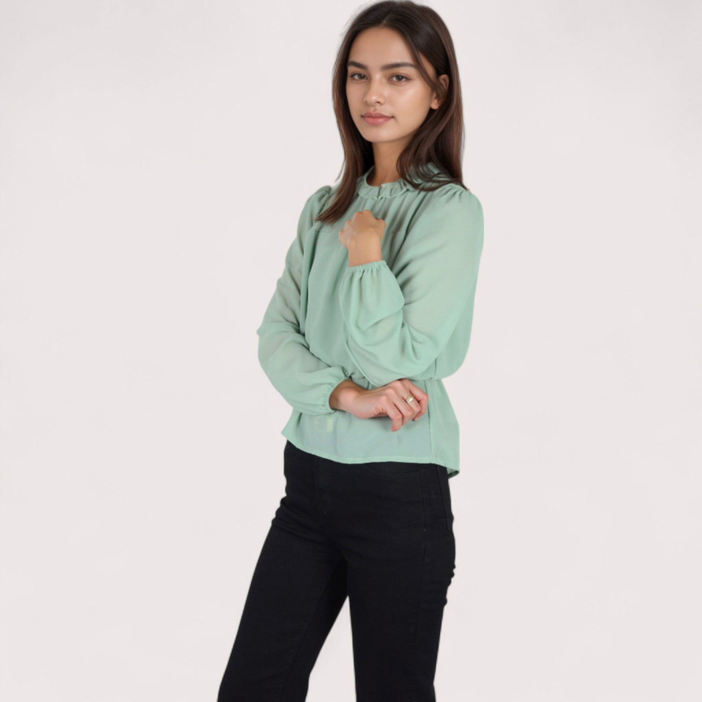 Anna-Kaci Women's Sheer Yoke Long Sleeve Blouse with Ruffle Neckline and Cinched Waist Detail - Small, Green