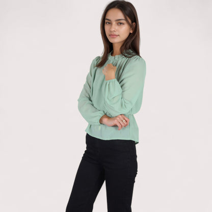 Anna-Kaci Women's Sheer Yoke Long Sleeve Blouse with Ruffle Neckline and Cinched Waist Detail - Small, Green