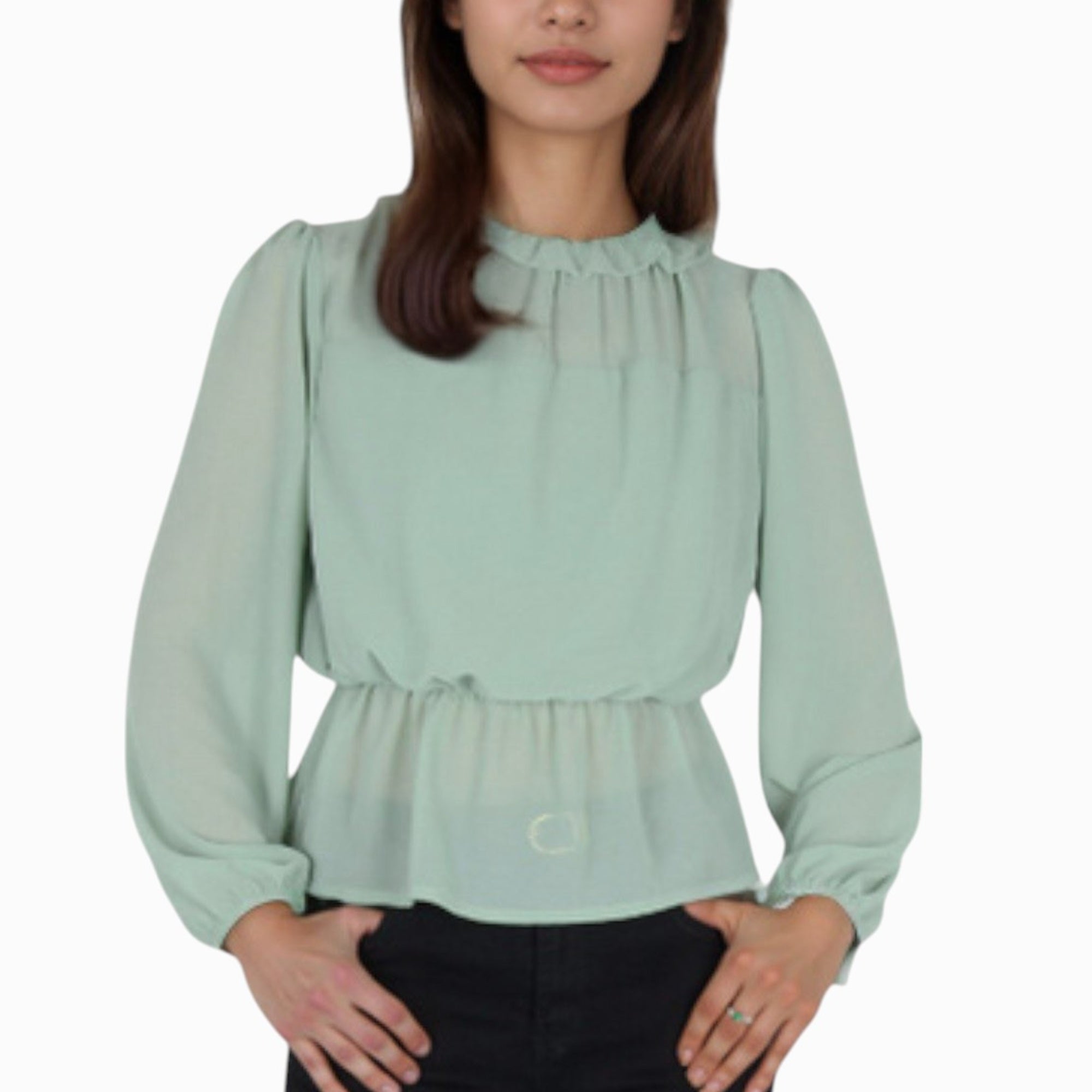 Anna-Kaci Women's Sheer Yoke Long Sleeve Blouse with Ruffle Neckline and Cinched Waist Detail - Small, Green