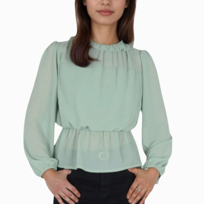 Anna-Kaci Women's Sheer Yoke Long Sleeve Blouse with Ruffle Neckline and Cinched Waist Detail - Small, Green