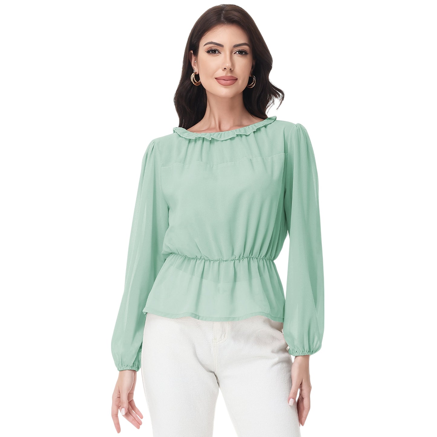 Anna-Kaci Women's Long Sleeve Blouse with Ruffle Neckline and Cinched Waist Detail