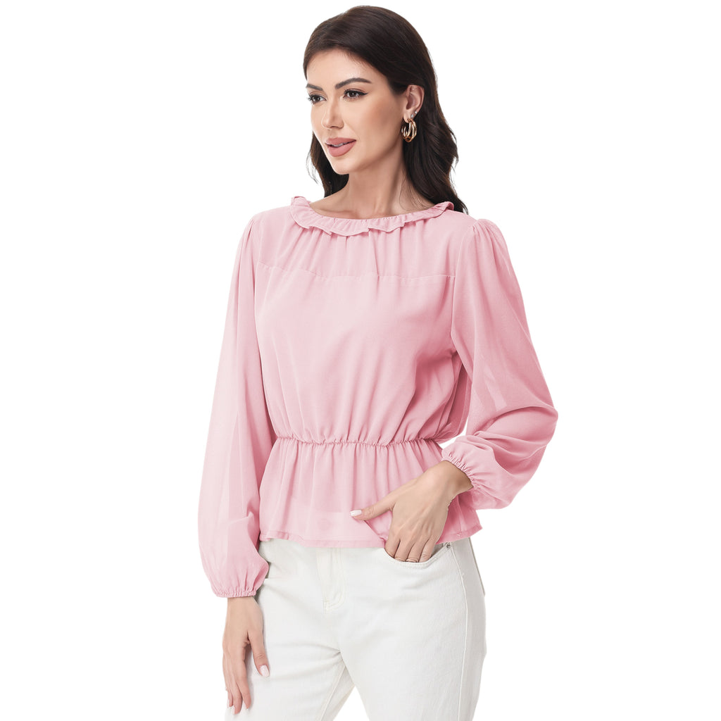 Anna-Kaci Women's Long Sleeve Blouse with Ruffle Neckline and Cinched Waist Detail