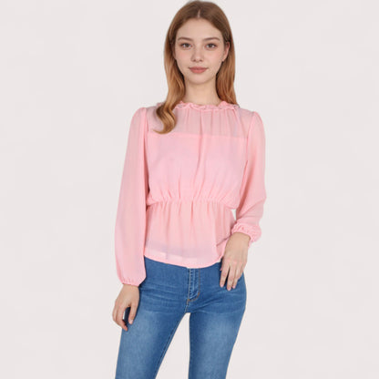 Anna-Kaci Women's Sheer Yoke Long Sleeve Blouse with Ruffle Neckline and Cinched Waist Detail - Small, Green