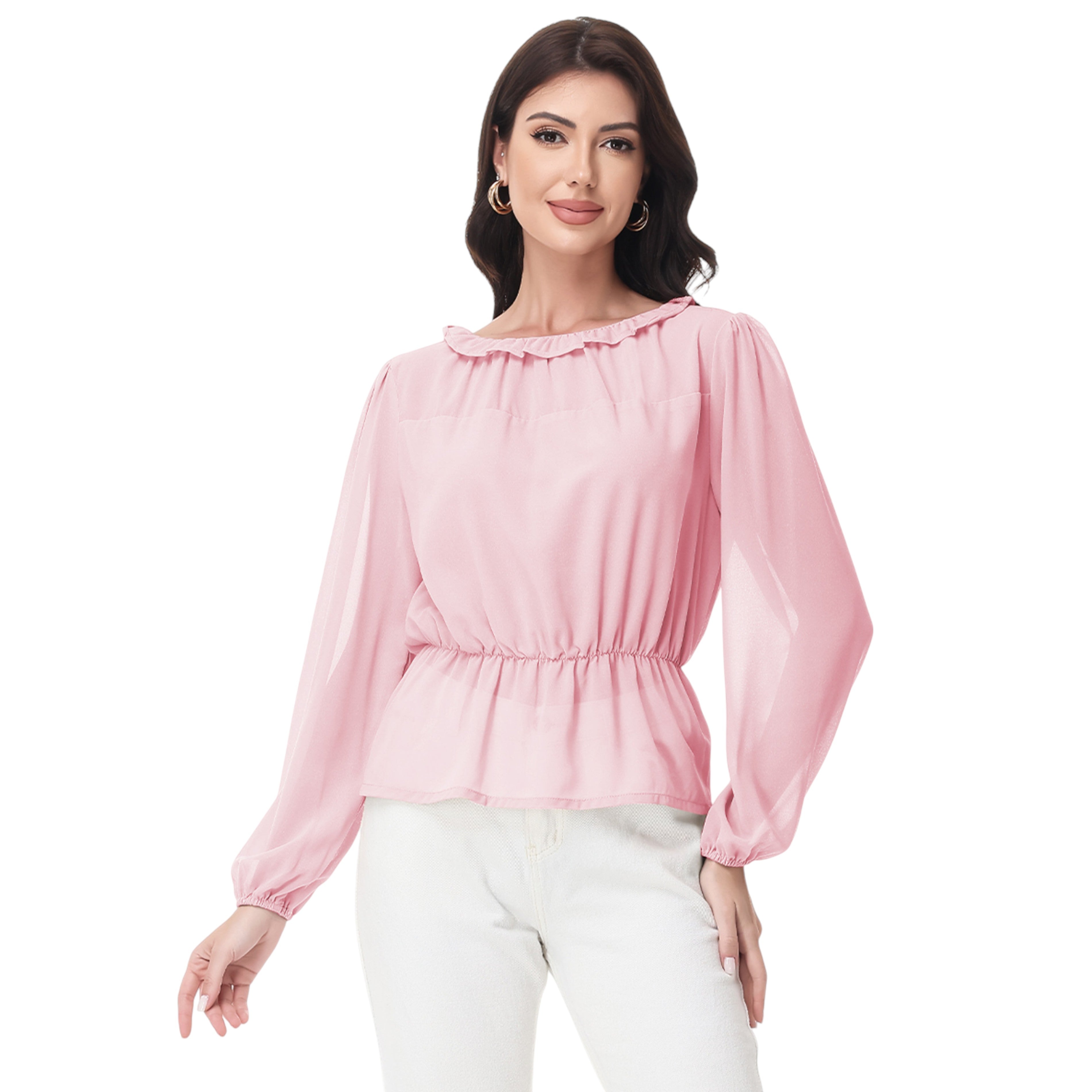Anna-Kaci Women's Long Sleeve Blouse with Ruffle Neckline and Cinched Waist Detail