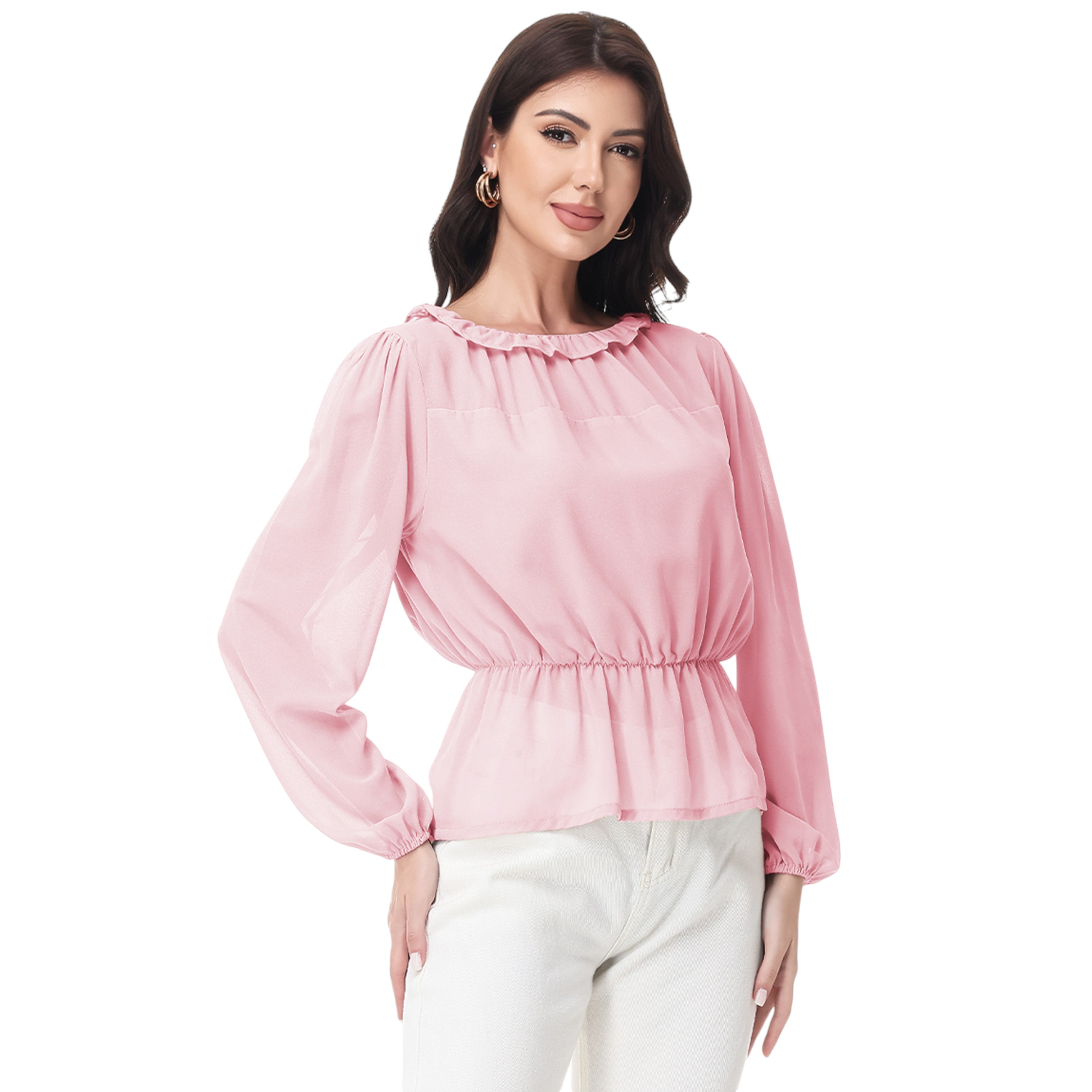 Anna-Kaci Women's Long Sleeve Blouse with Ruffle Neckline and Cinched Waist Detail