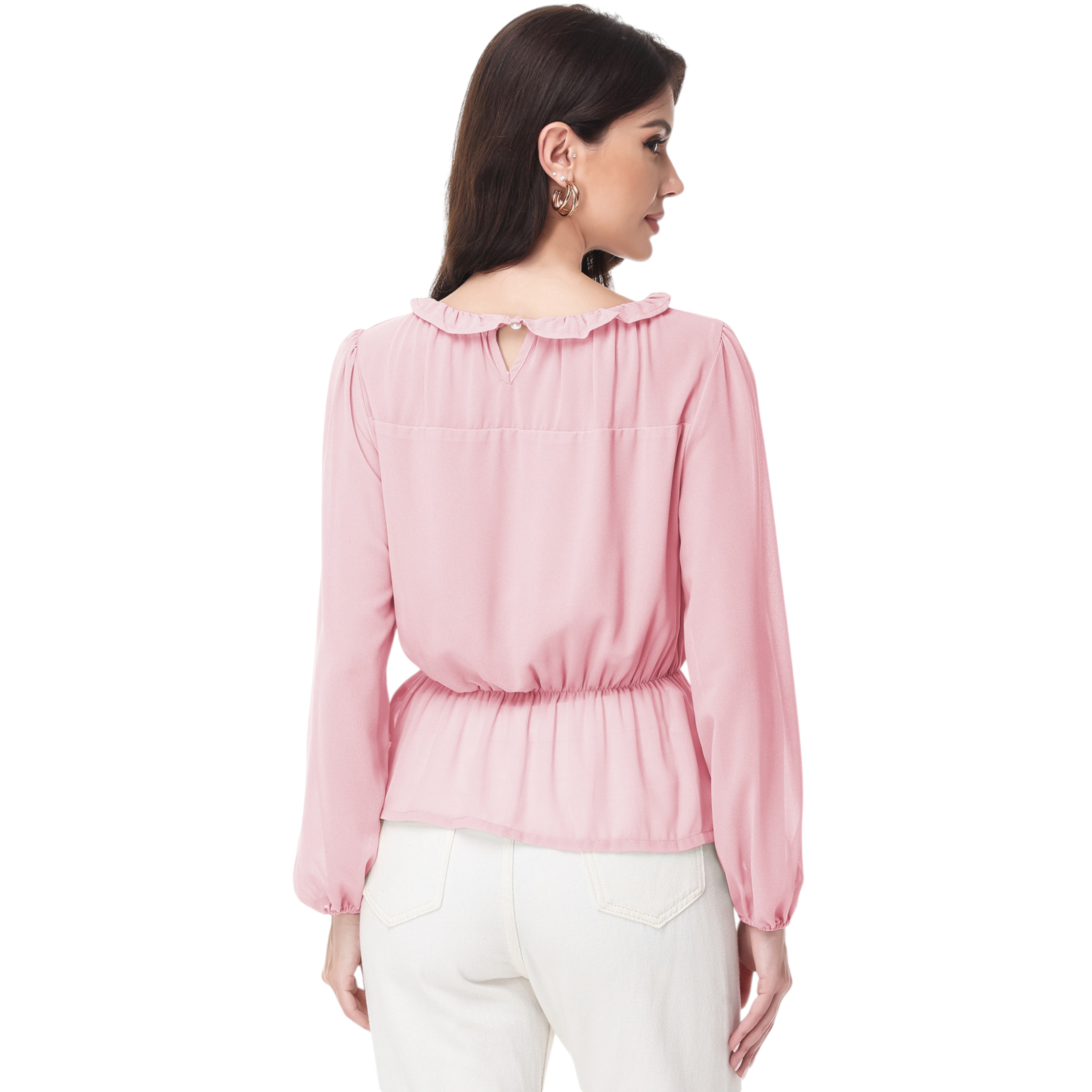 Anna-Kaci Women's Long Sleeve Blouse with Ruffle Neckline and Cinched Waist Detail