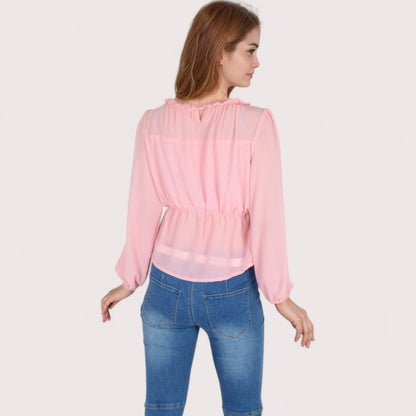 Anna-Kaci Women's Sheer Yoke Long Sleeve Blouse with Ruffle Neckline and Cinched Waist Detail - Small, Green