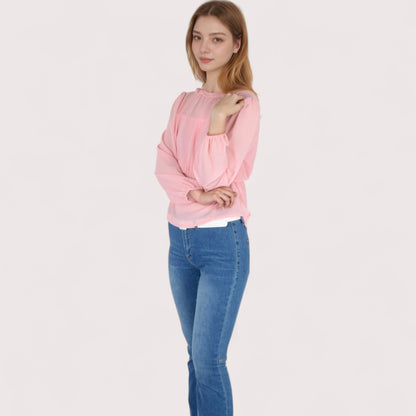 Anna-Kaci Women's Sheer Yoke Long Sleeve Blouse with Ruffle Neckline and Cinched Waist Detail - Small, Green