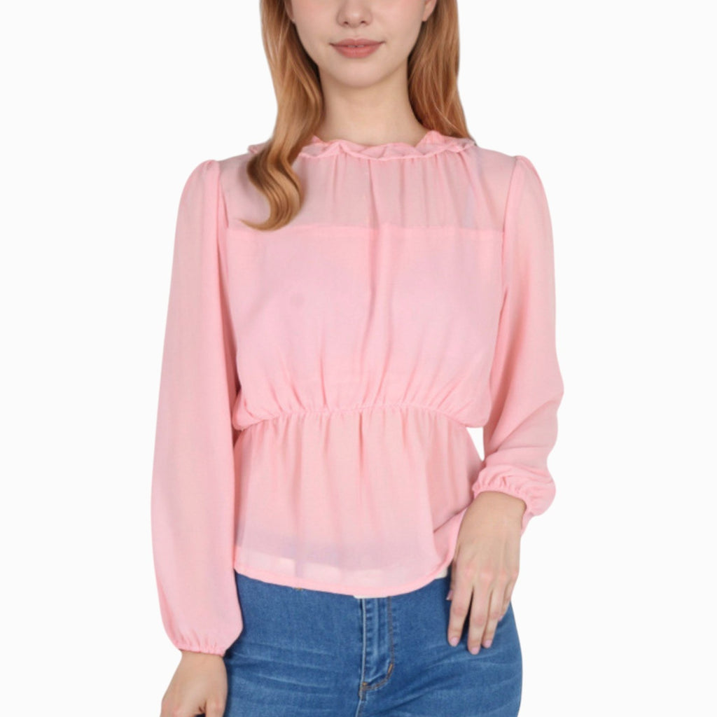Anna-Kaci Women's Sheer Yoke Long Sleeve Blouse with Ruffle Neckline and Cinched Waist Detail - Small, Green