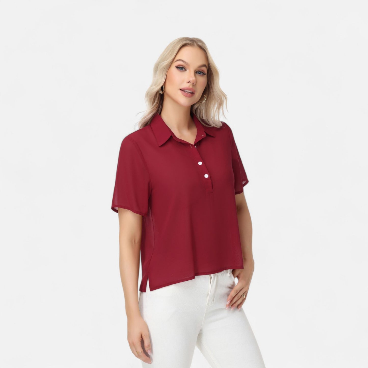Anna-Kaci Women's Short Sleeve Collared Blouse with Button Placket and Relaxed Fit Design