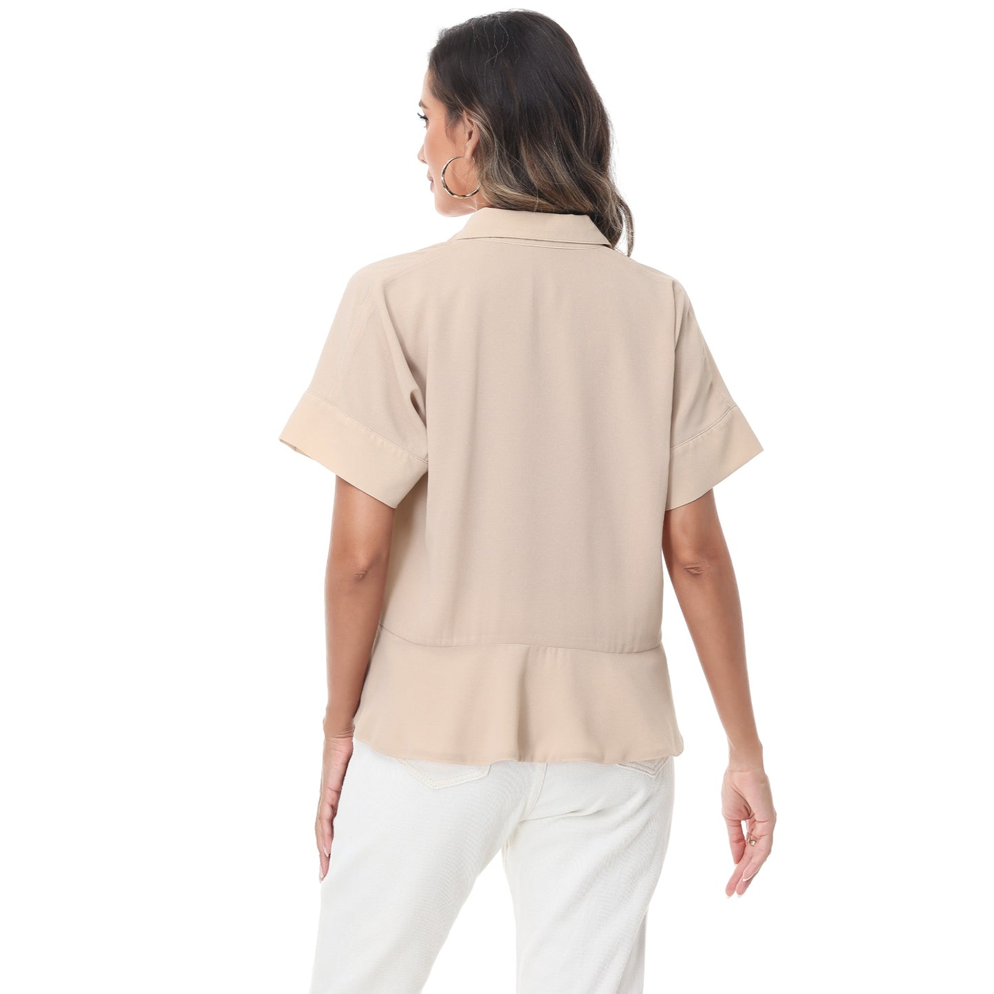 Anna-Kaci Women's Short Sleeve Button-Up Blouse with Peplum Hem and Classic Collar
