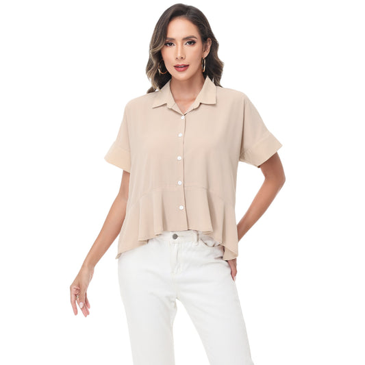 Anna-Kaci Women's Short Sleeve Button-Up Blouse with Peplum Hem and Classic Collar