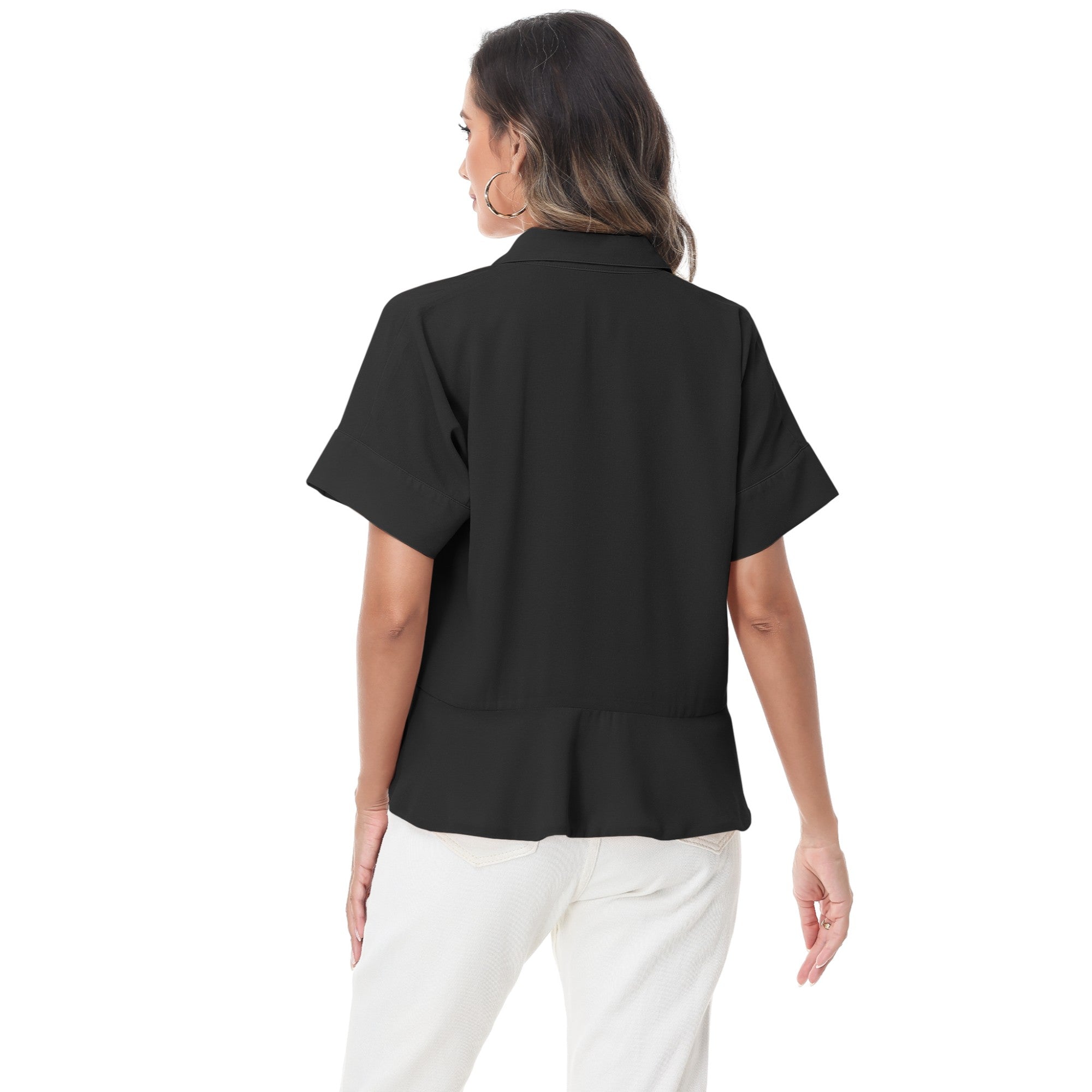 Anna-Kaci Women's Short Sleeve Button-Up Blouse with Peplum Hem and Classic Collar