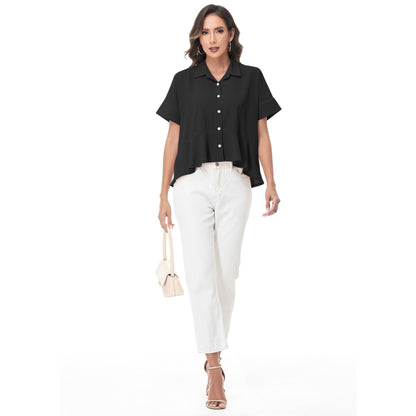 Anna-Kaci Women's Short Sleeve Button-Up Blouse with Peplum Hem and Classic Collar