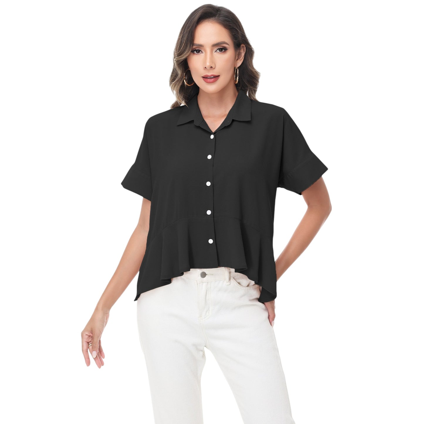 Anna-Kaci Women's Short Sleeve Button-Up Blouse with Peplum Hem and Classic Collar