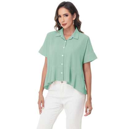 Anna-Kaci Women's Short Sleeve Button-Up Blouse with Peplum Hem and Classic Collar