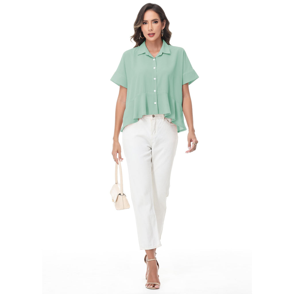 Anna-Kaci Women's Short Sleeve Button-Up Blouse with Peplum Hem and Classic Collar
