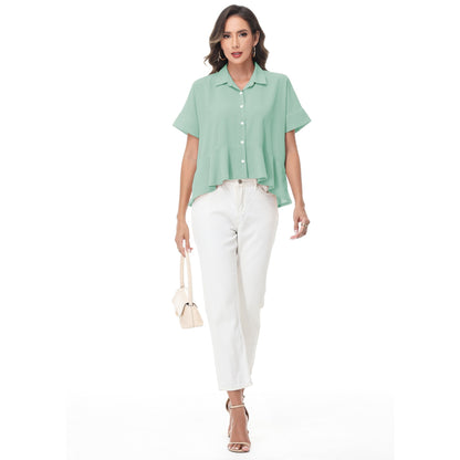 Anna-Kaci Women's Short Sleeve Button-Up Blouse with Peplum Hem and Classic Collar