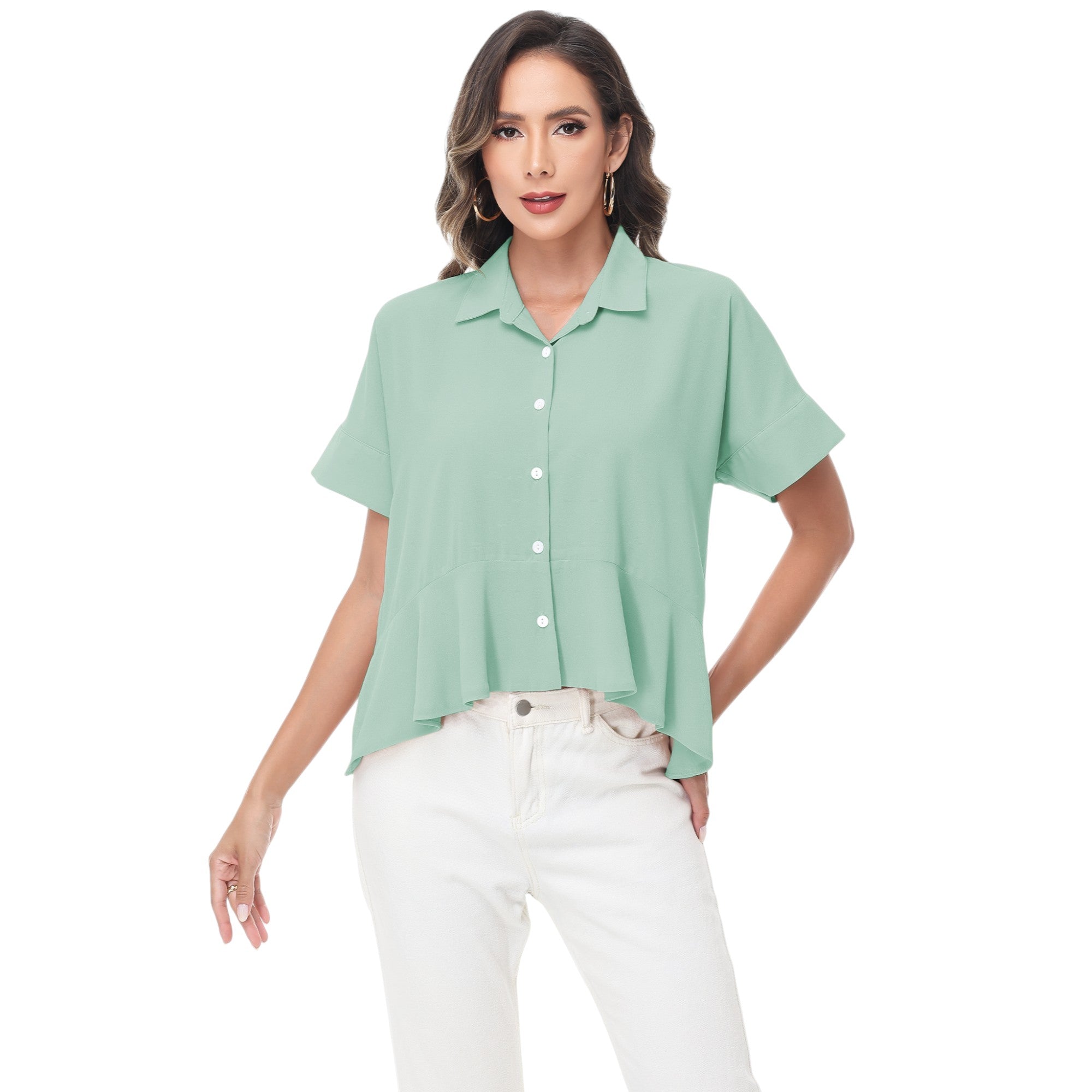 Anna-Kaci Women's Short Sleeve Button-Up Blouse with Peplum Hem and Classic Collar
