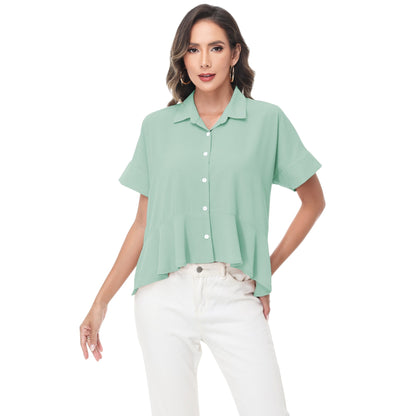 Anna-Kaci Women's Short Sleeve Button-Up Blouse with Peplum Hem and Classic Collar