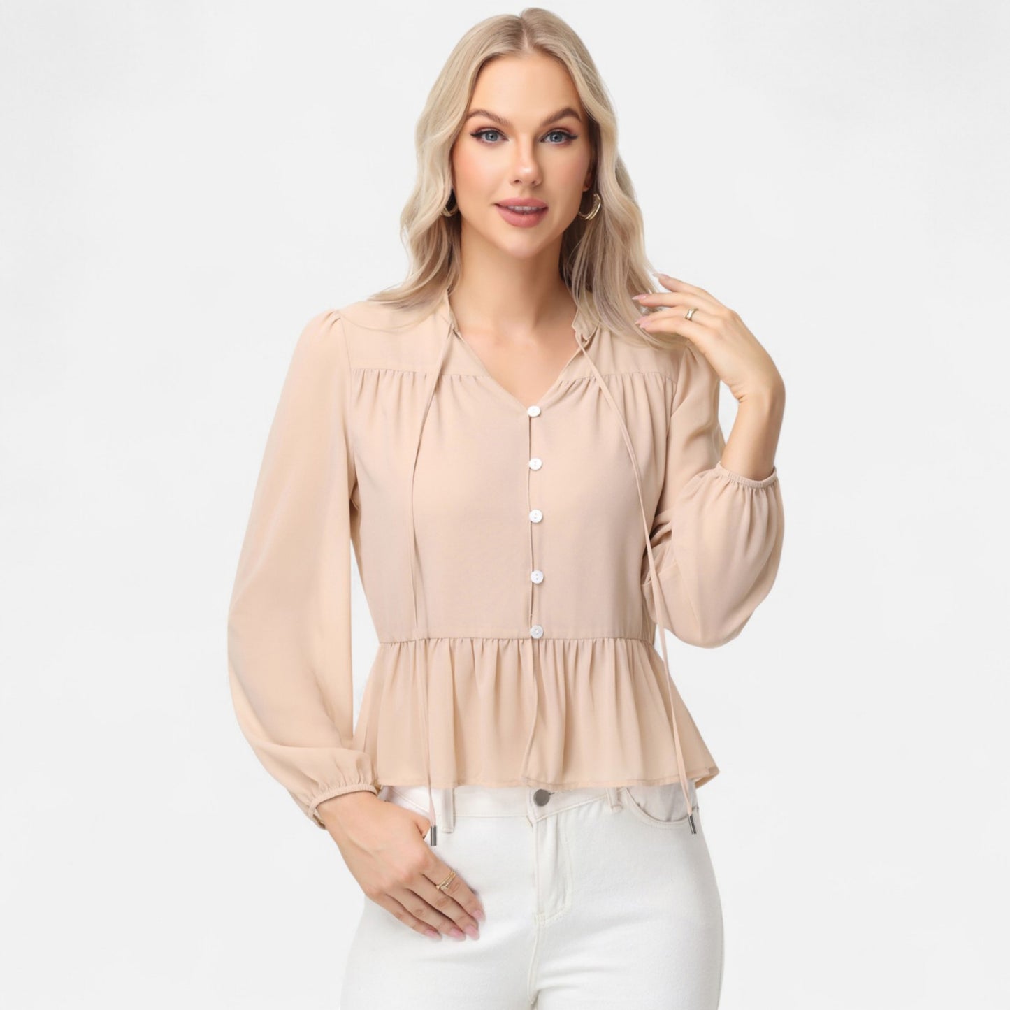 Anna-Kaci Women's Long Sleeve Button Front Peplum Blouse with V-Neckline and Gathered Waist Detail