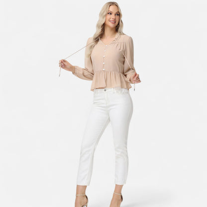 Anna-Kaci Women's Long Sleeve Button Front Peplum Blouse with V-Neckline and Gathered Waist Detail