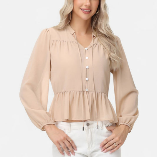 Anna-Kaci Women's Long Sleeve Button Front Peplum Blouse with V-Neckline and Gathered Waist Detail