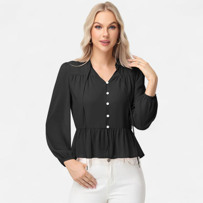 Anna-Kaci Women's Long Sleeve Button Front Peplum Blouse with V-Neckline and Gathered Waist Detail