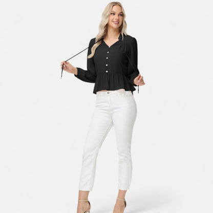 Anna-Kaci Women's Long Sleeve Button Front Peplum Blouse with V-Neckline and Gathered Waist Detail