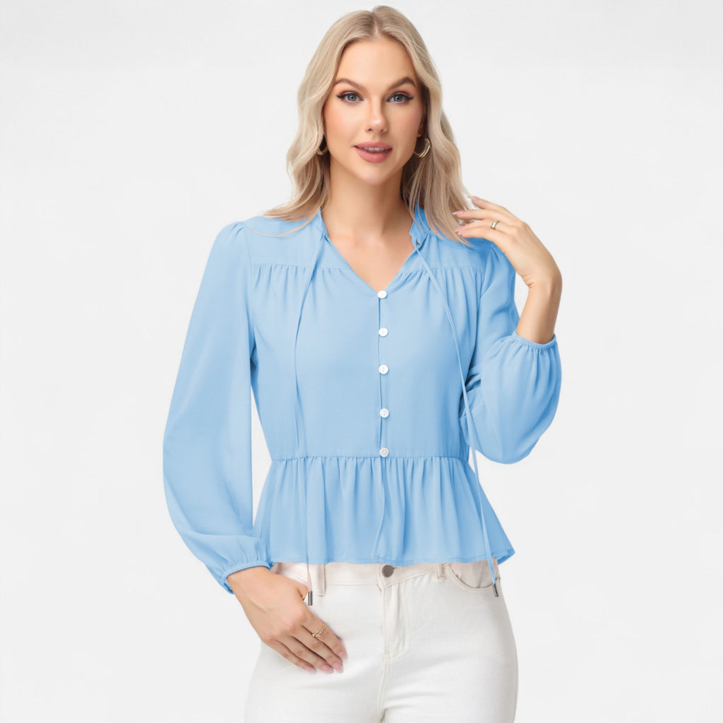 Anna-Kaci Women's Long Sleeve Button Front Peplum Blouse with V-Neckline and Gathered Waist Detail