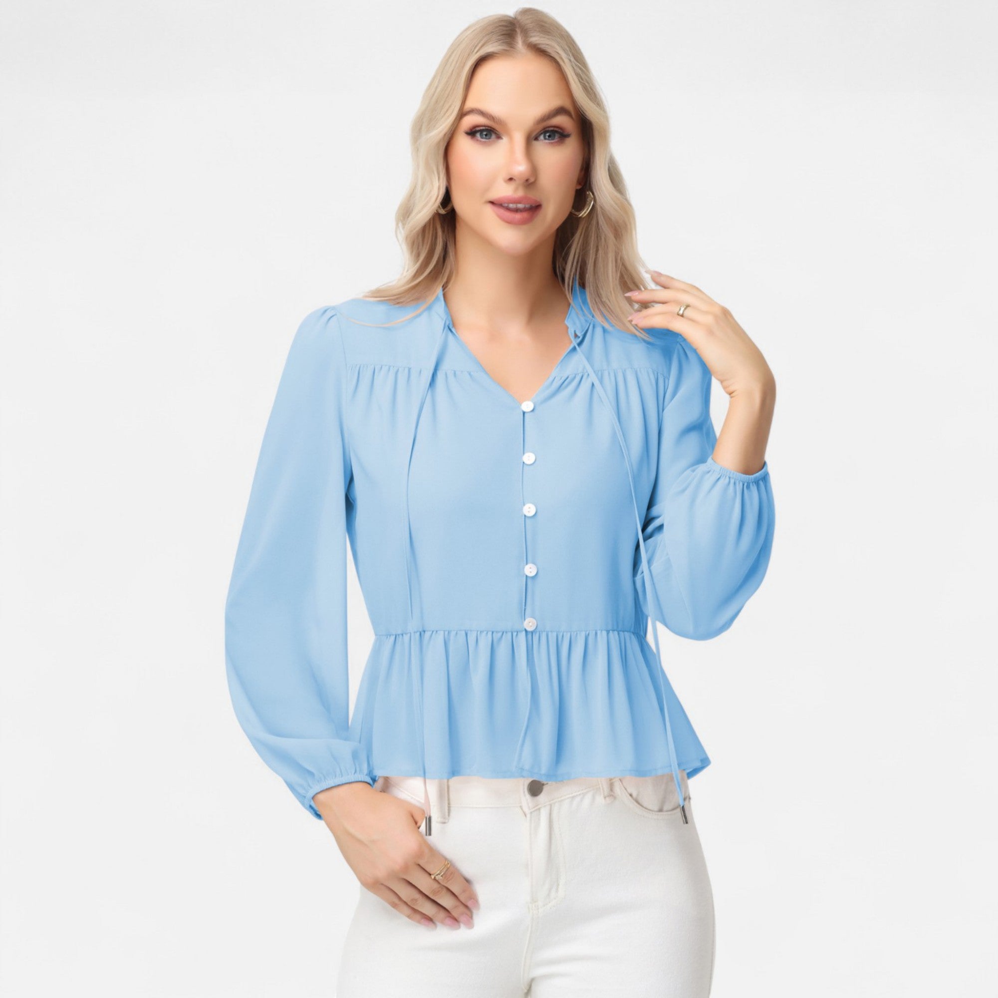 Anna-Kaci Women's Long Sleeve Button Front Peplum Blouse with V-Neckline and Gathered Waist Detail
