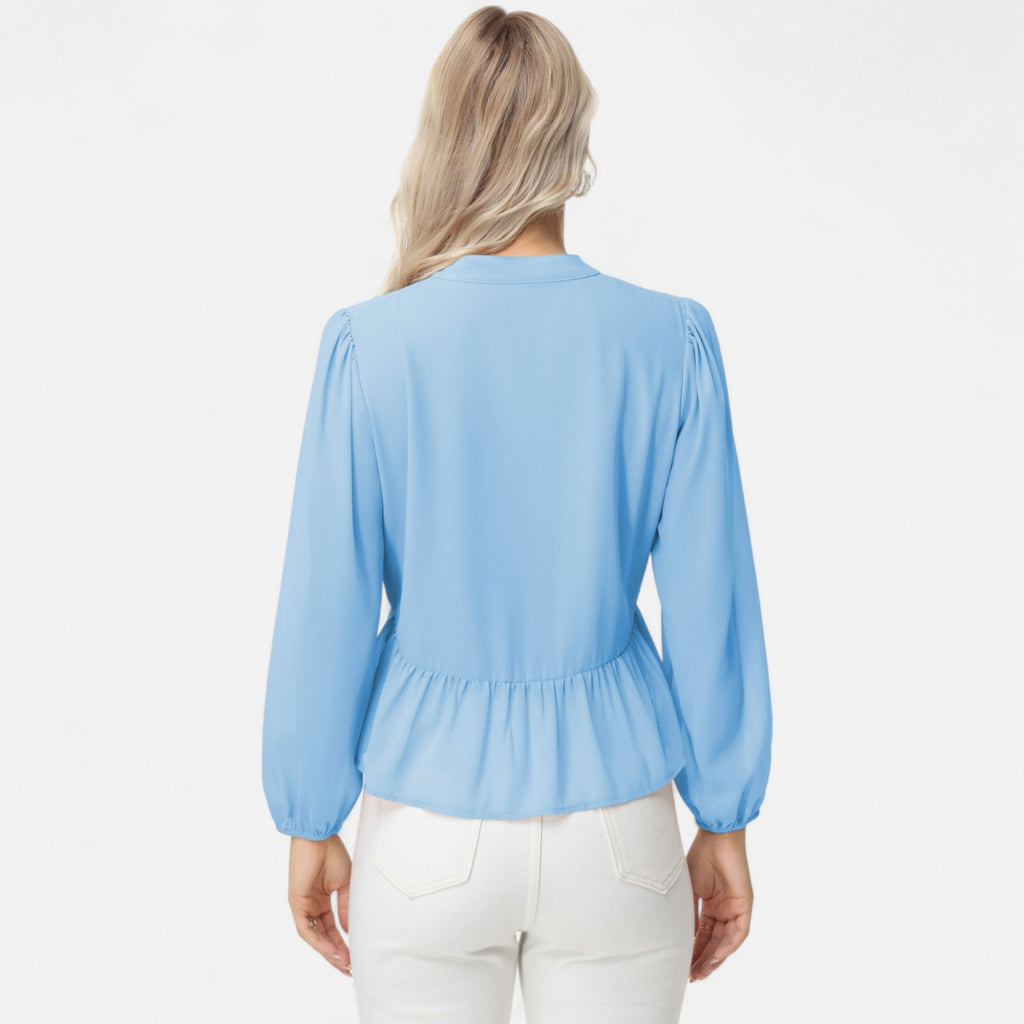Anna-Kaci Women's Long Sleeve Button Front Peplum Blouse with V-Neckline and Gathered Waist Detail