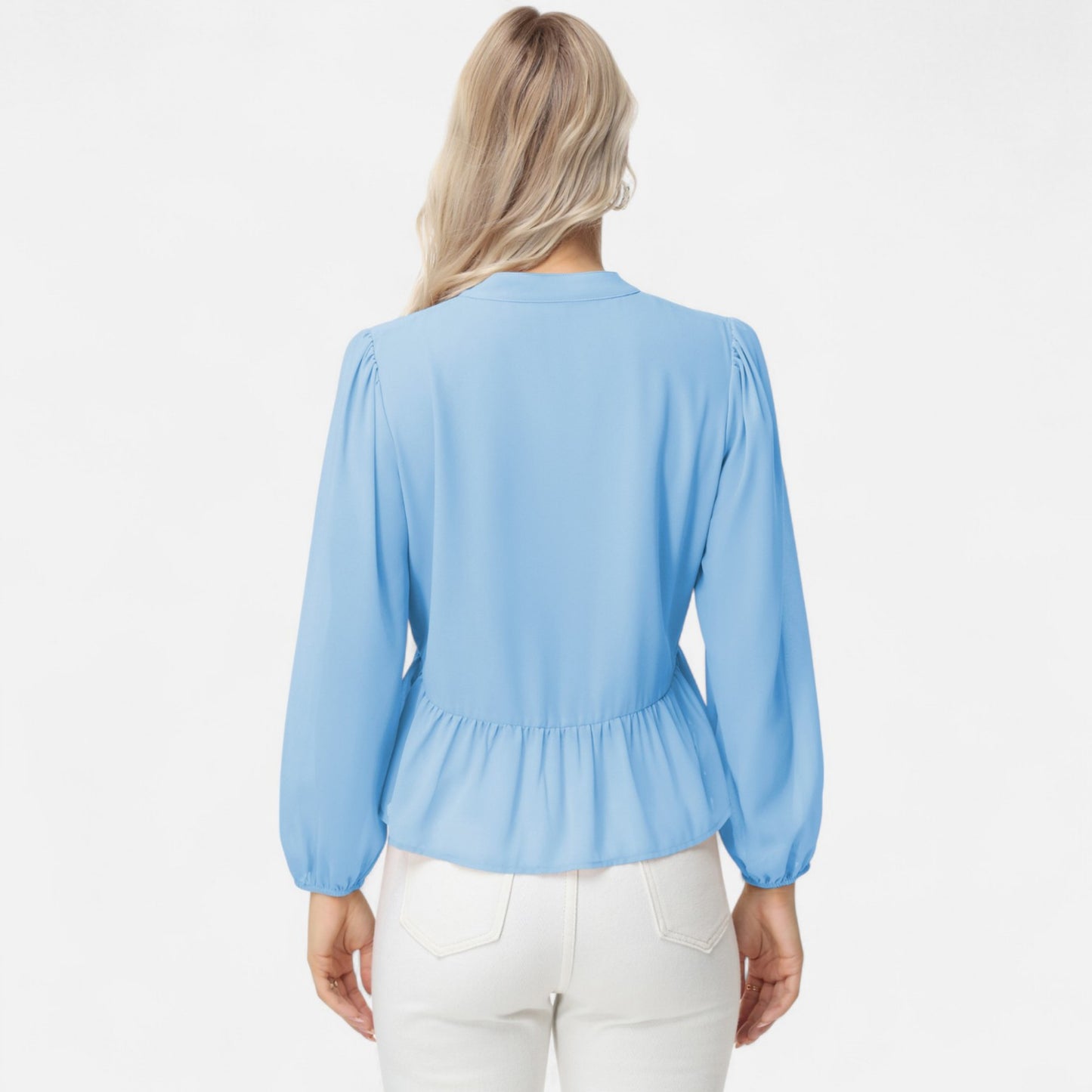 Anna-Kaci Women's Long Sleeve Button Front Peplum Blouse with V-Neckline and Gathered Waist Detail