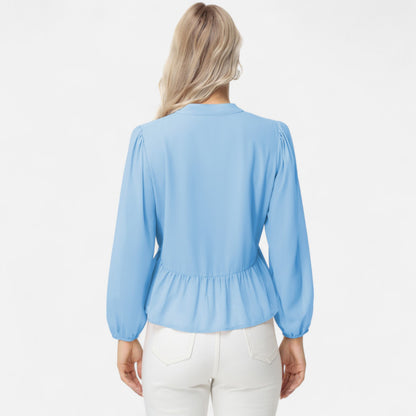 Anna-Kaci Women's Long Sleeve Button Front Peplum Blouse with V-Neckline and Gathered Waist Detail