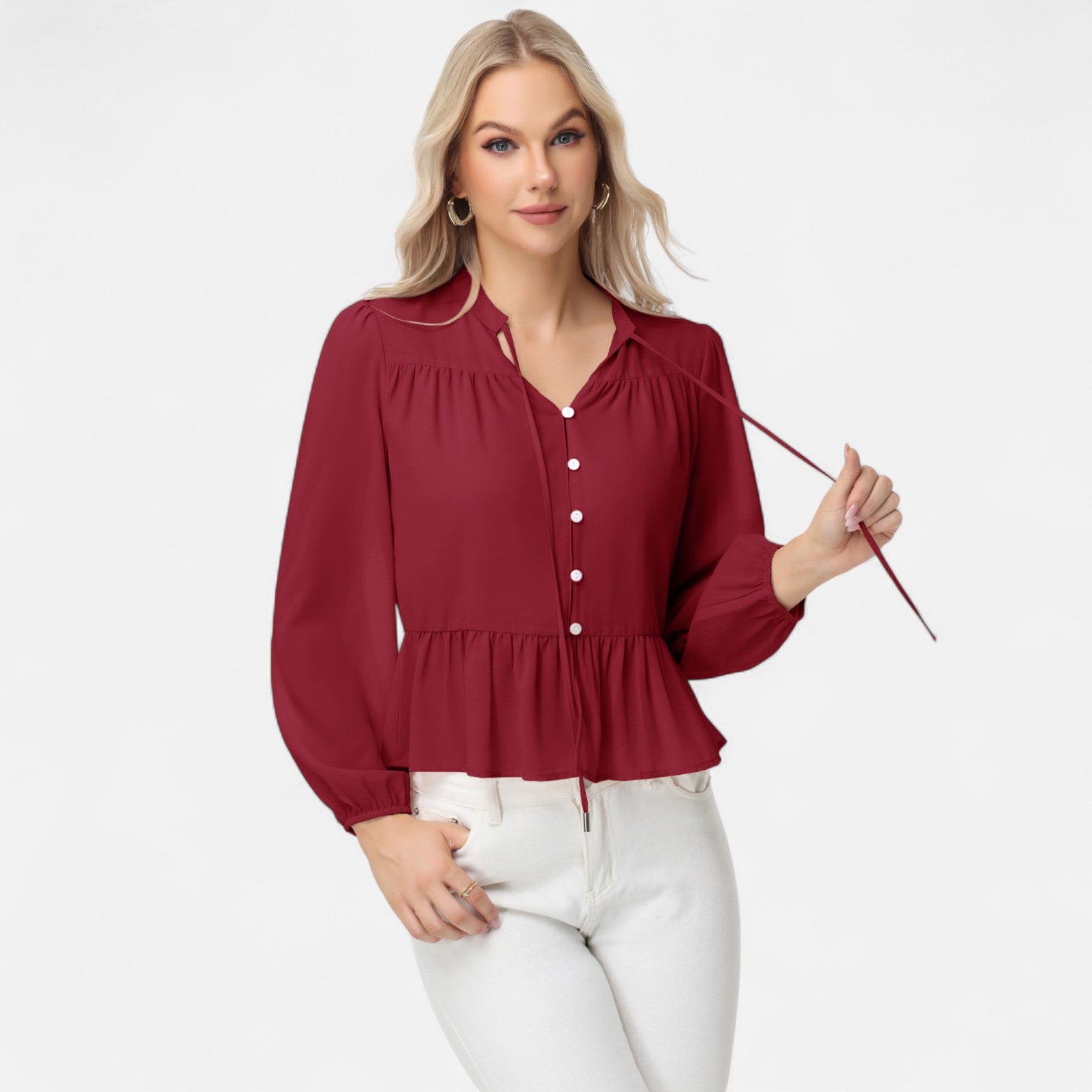 Anna-Kaci Women's Long Sleeve Button Front Peplum Blouse with V-Neckline and Gathered Waist Detail