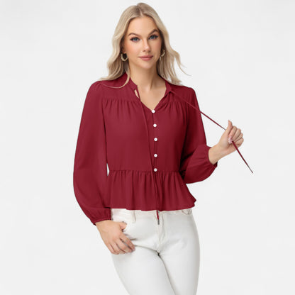 Anna-Kaci Women's Long Sleeve Button Front Peplum Blouse with V-Neckline and Gathered Waist Detail