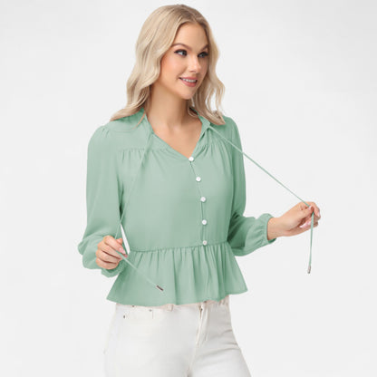 Anna-Kaci Women's Long Sleeve Button Front Peplum Blouse with V-Neckline and Gathered Waist Detail